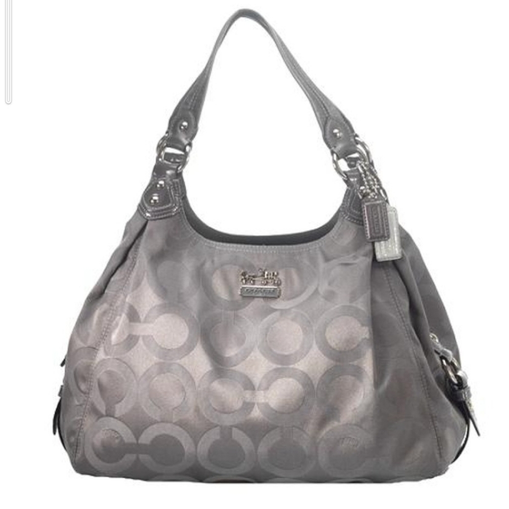 Gray COACH Monogram Maggie Sateen Leather Madison OP Art Large Handbag Tote Bag